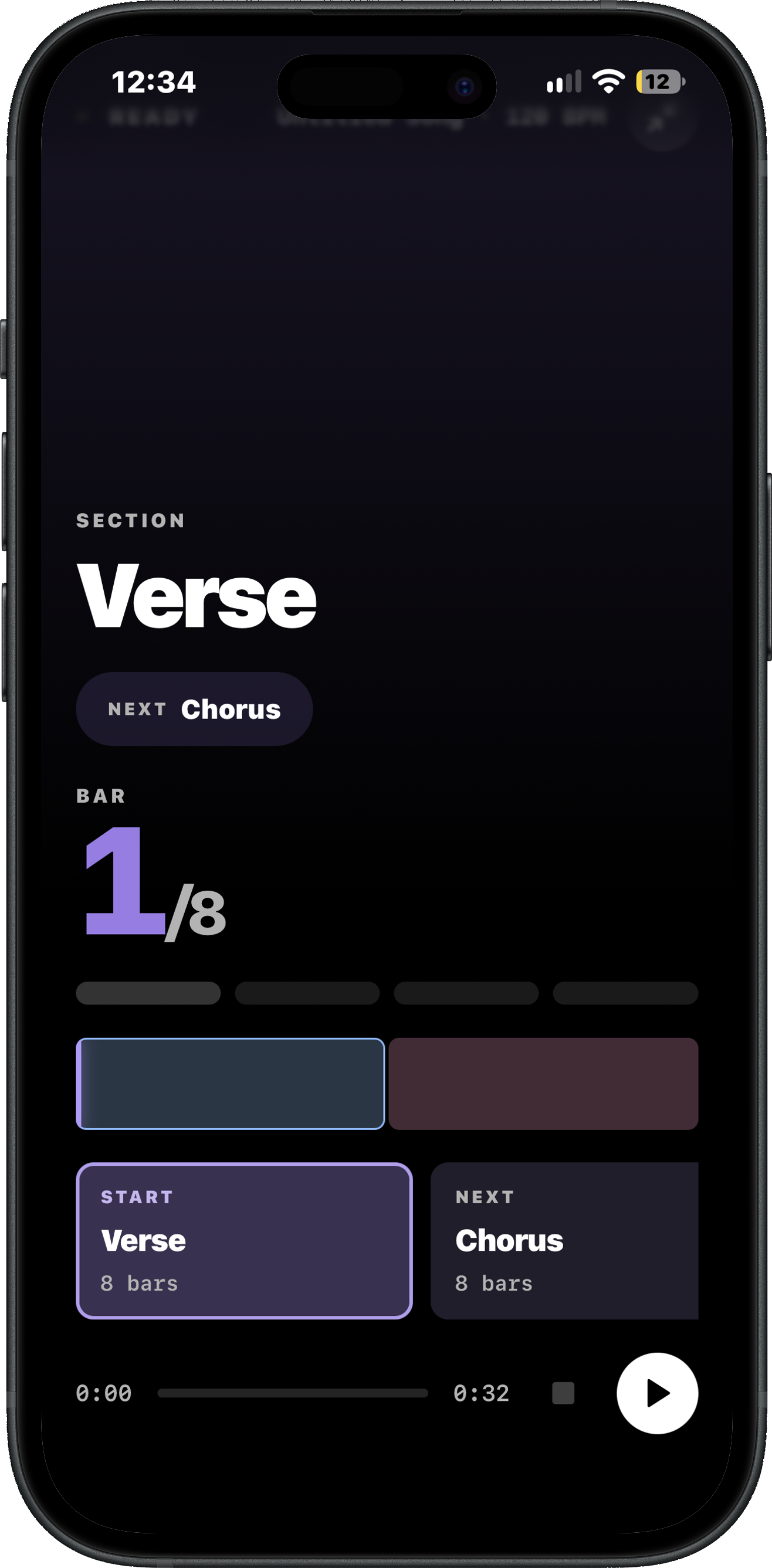 Bandform stage view on an iPhone: the current section, the next section, the bar count, and the beat grid